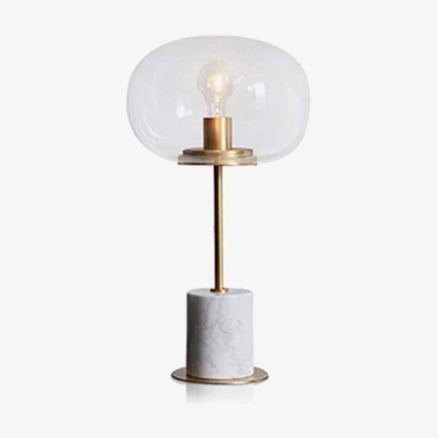 Lámpara de mesa design LED en mármol con tallo dorado y bola de cristal