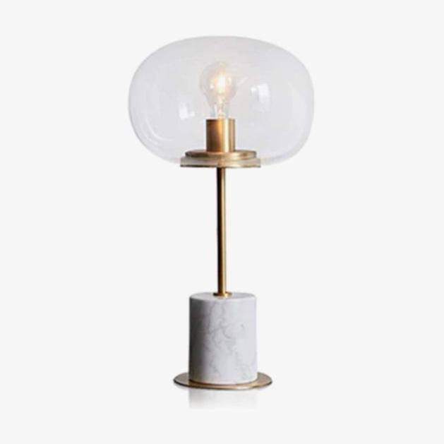 Marble LED design table lamp with gold stem and glass ball