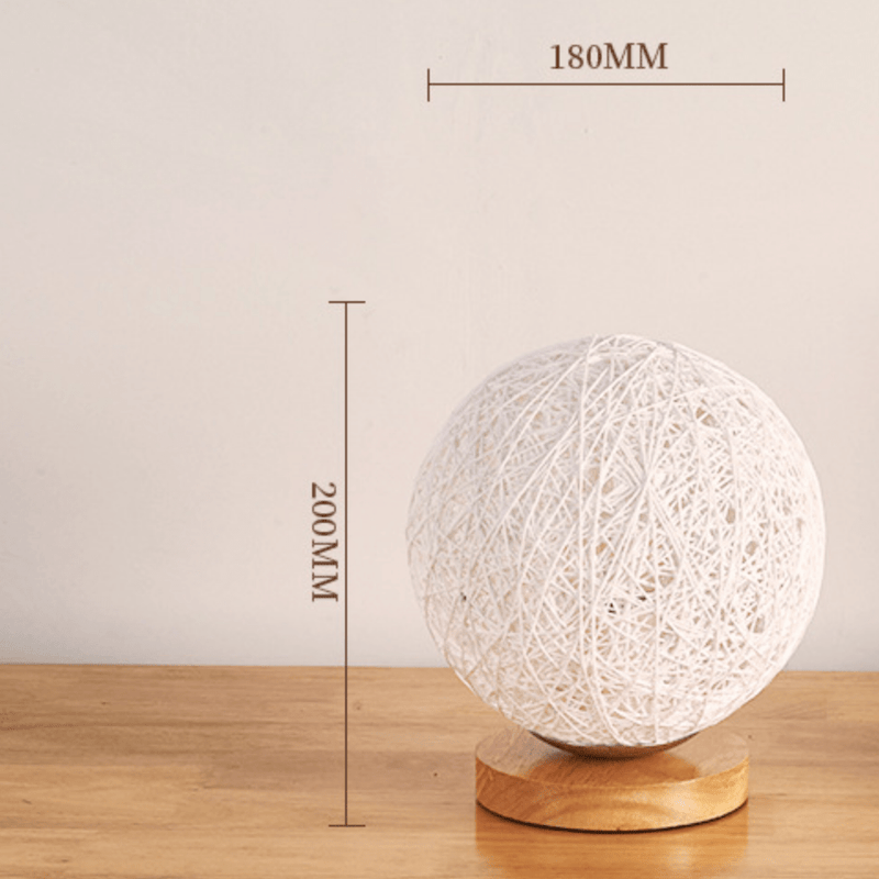 LED table lamp with wooden base and fabric ball in Wicker colour