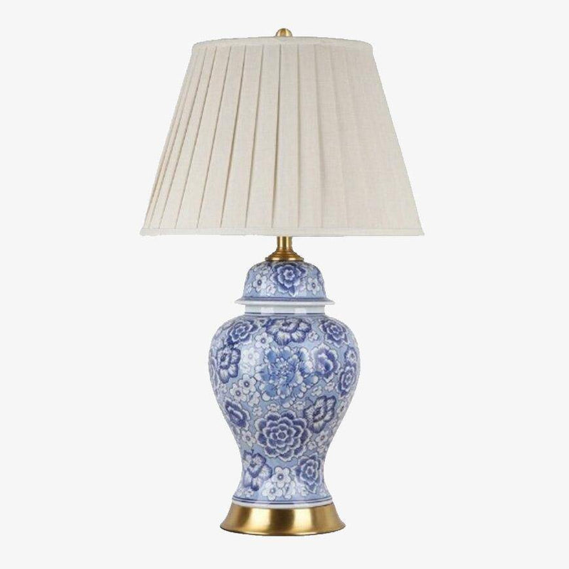 Blue ceramic LED table lamp with white lampshade Japanese style