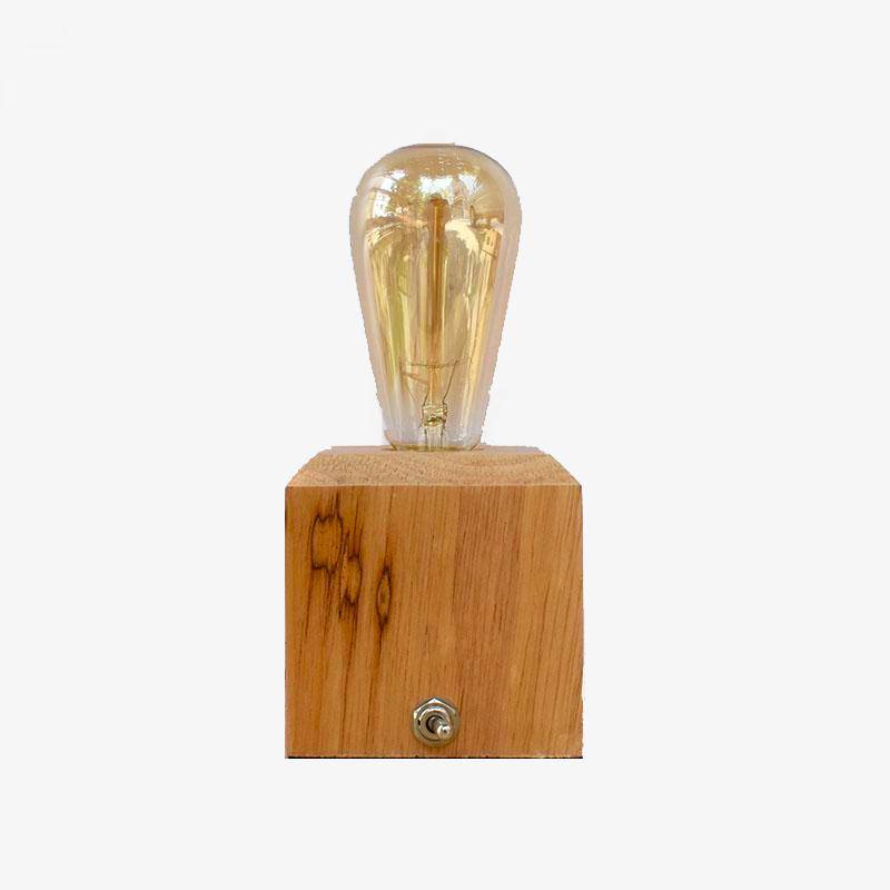 Desk or bedside lamp with wooden cubic pedestal