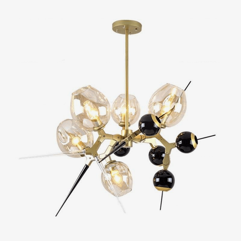 Lámpara de araña design moderno LED dorado y negro con bolas de cristal y pinchos