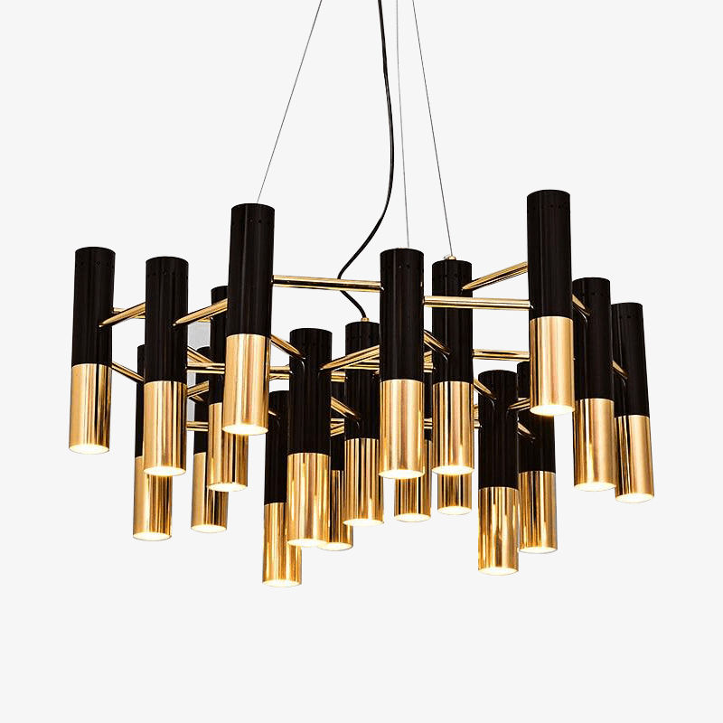 Design chandelier with black and gold metal tubes Italy