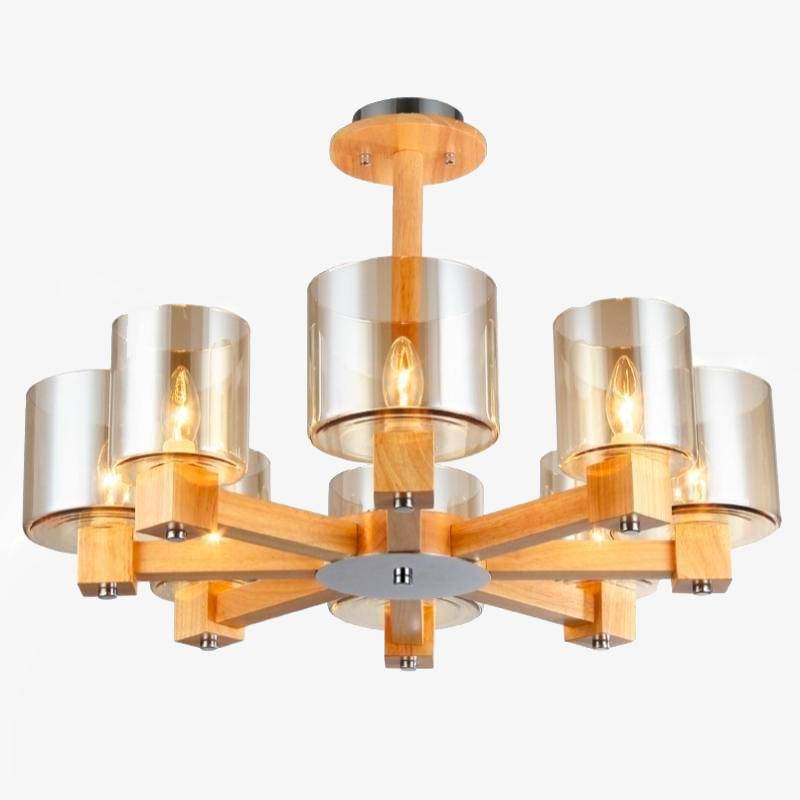 Design chandelier in wood and lampshade in glass