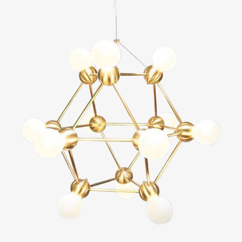 Geometric design chandelier with several golden arms and Molecule balls