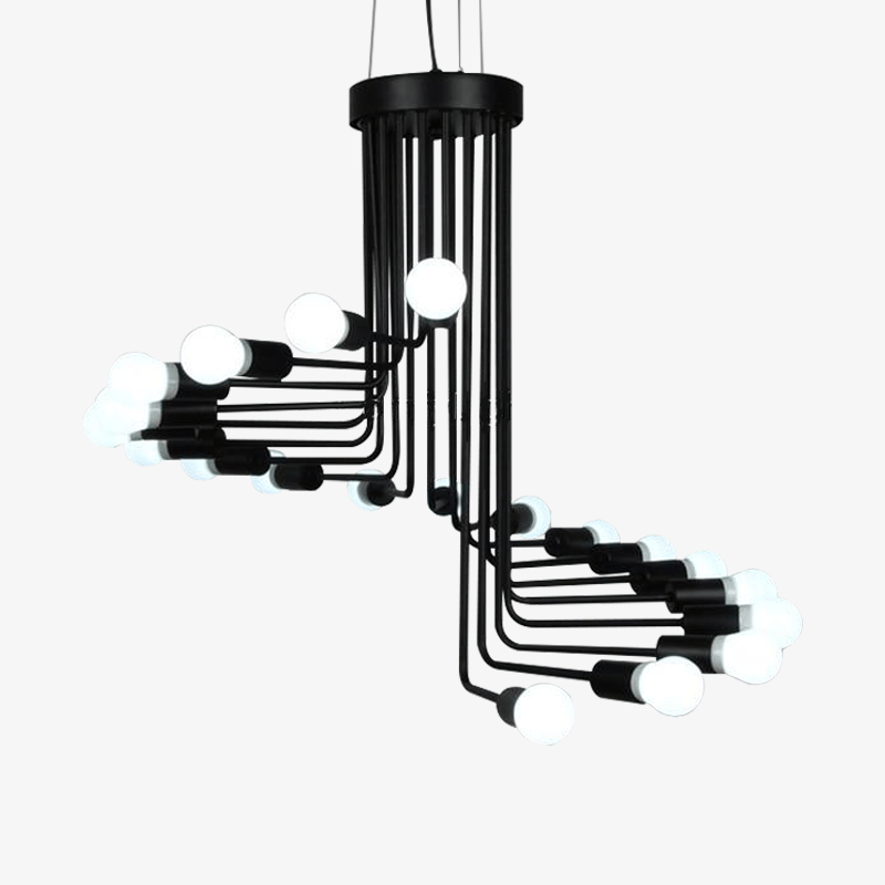 Black design chandelier with several staircase shaped branches