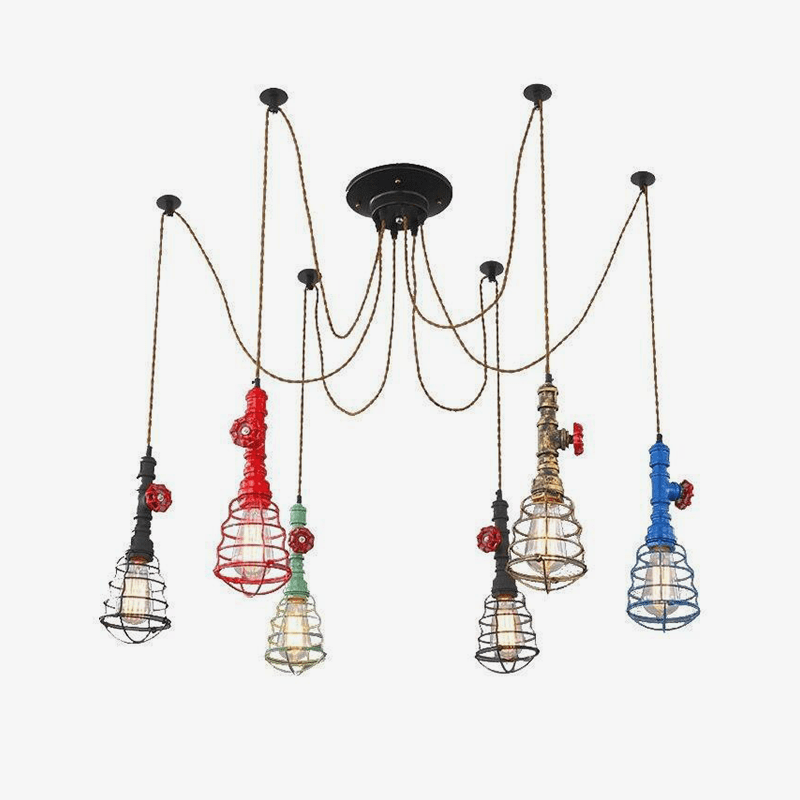 Industrial LED chandelier with several coloured metal cage shades