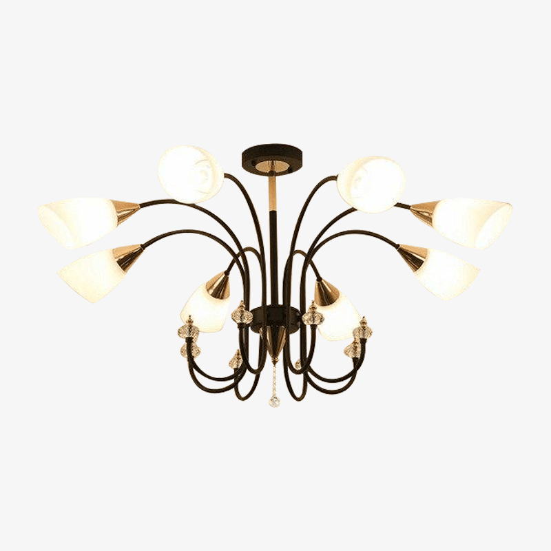 LED chandelier with rounded arms and Room glass lamps
