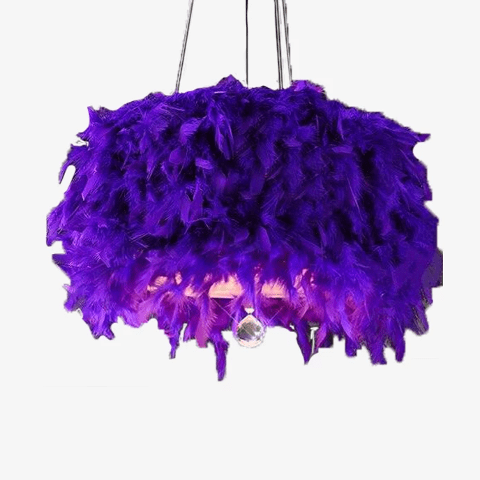 Round chandelier in coloured feathers