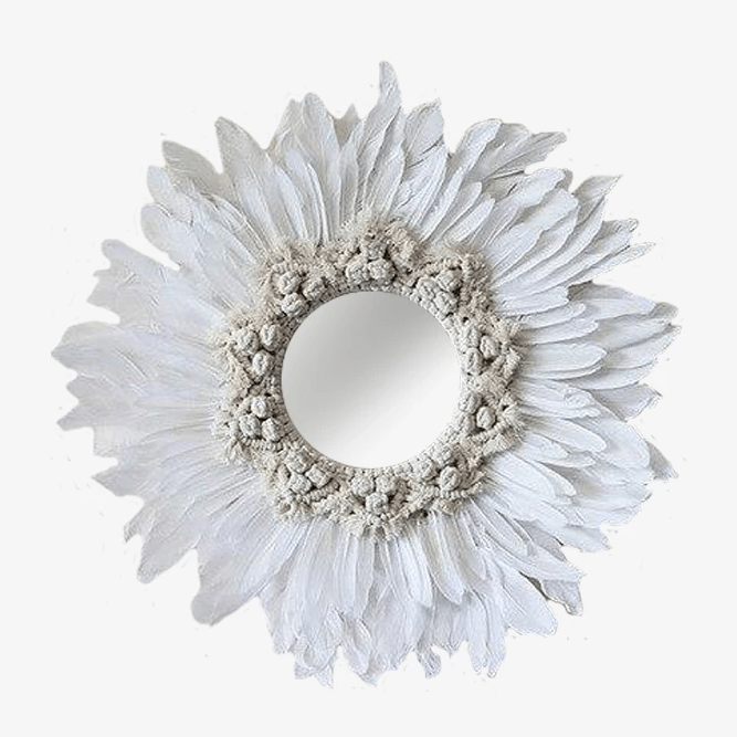 Round decorative wall mirror with white feathers Modern