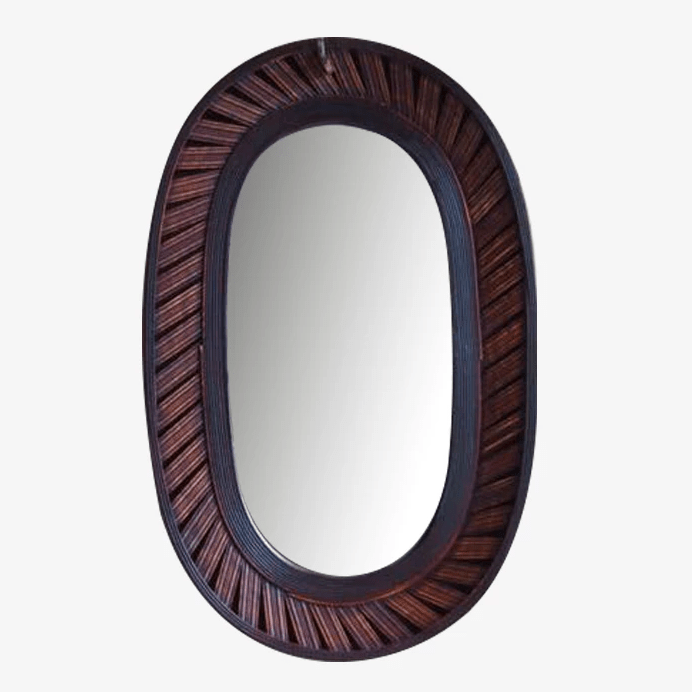 Espejo de pared decorativo largo y ovalado de bambú marrón oscuro