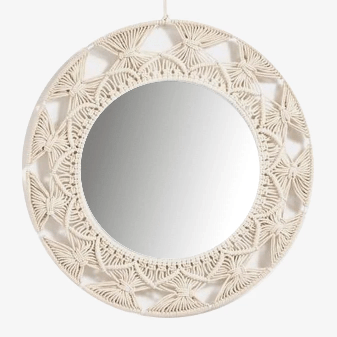 Round decorative wall mirror in Macrame fabric