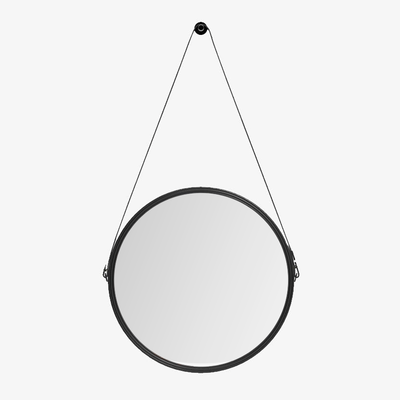 Wall hung mirror round black Leather