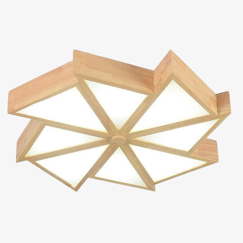 Wooden LED ceiling fixture in the shape of several triangles