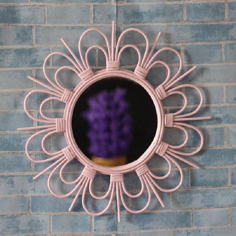 Espejo de pared decorativo redondo rosa con flor francesa