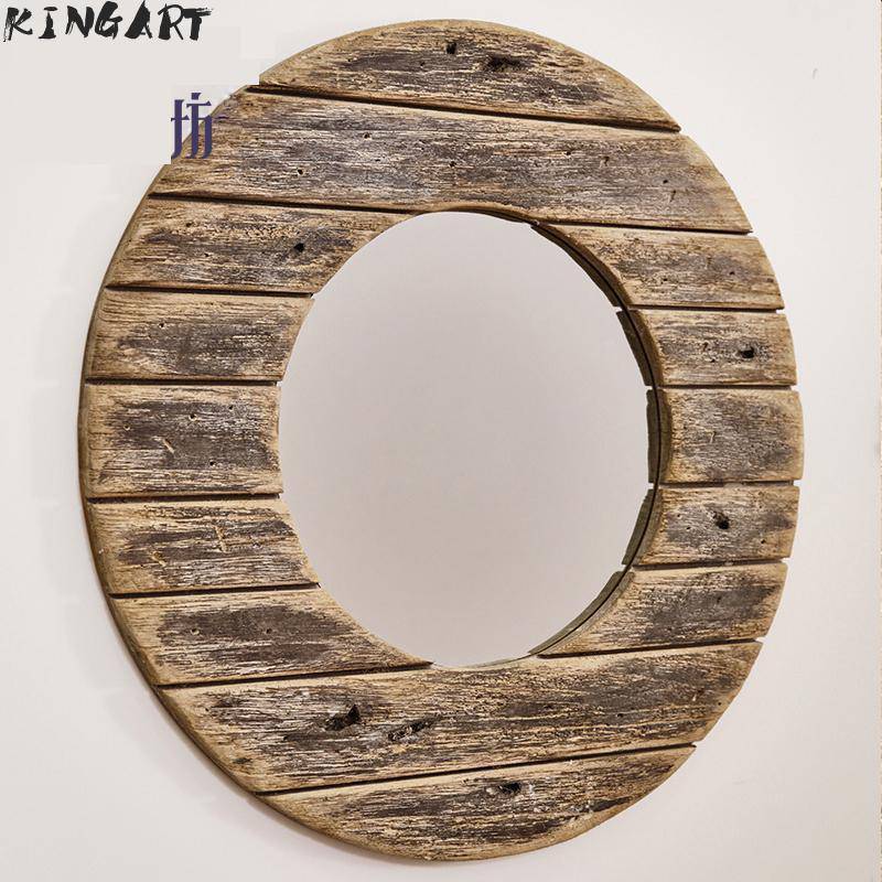 Decorative round wooden wall mirror with floor effect