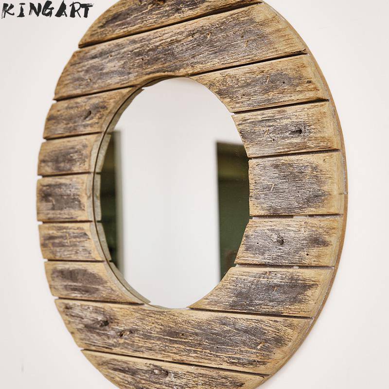 Decorative round wooden wall mirror with floor effect