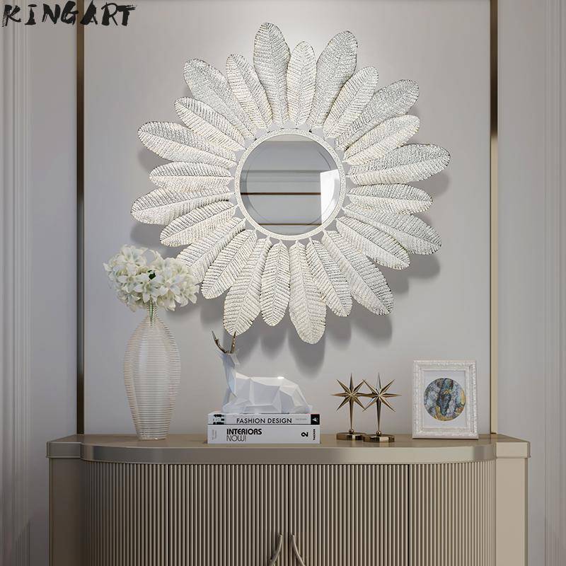 Round wall mirror with white feathers Decoration