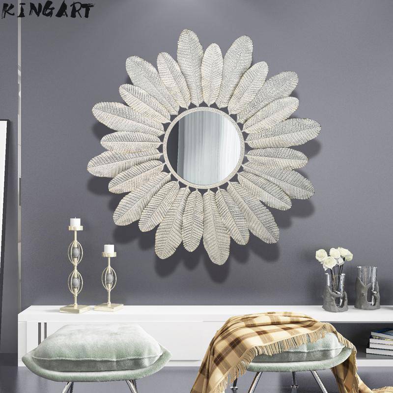 Espejo de pared redondo con plumas blancas Decoración