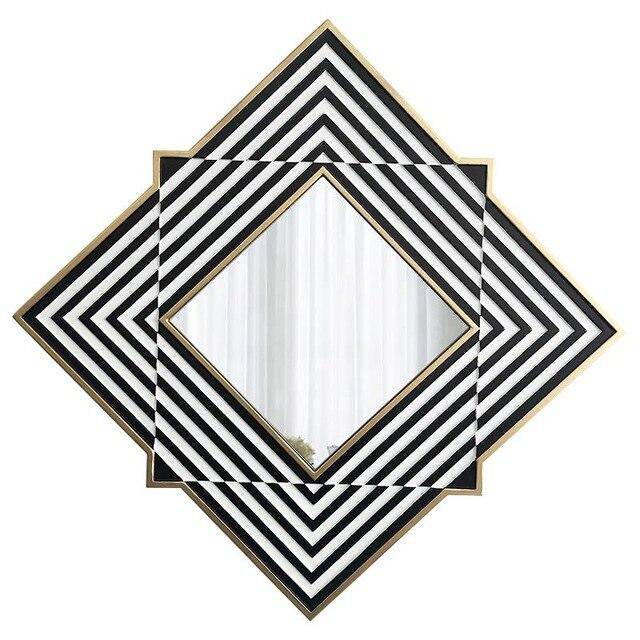 Wall mirror with diamond shape and black and white stripes in Frame wood
