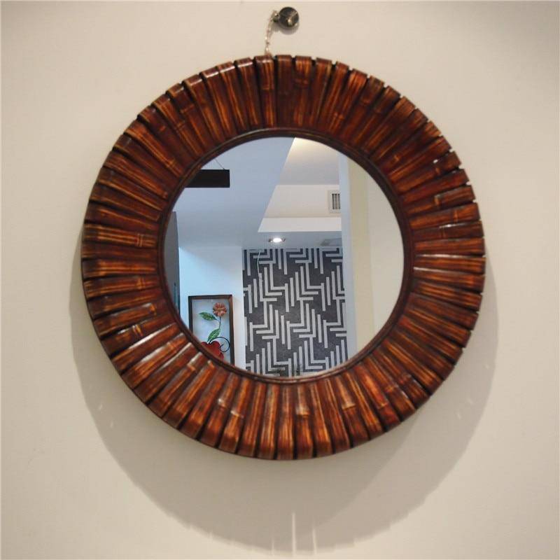 Espejo de pared decorativo redondo de madera de bambú
