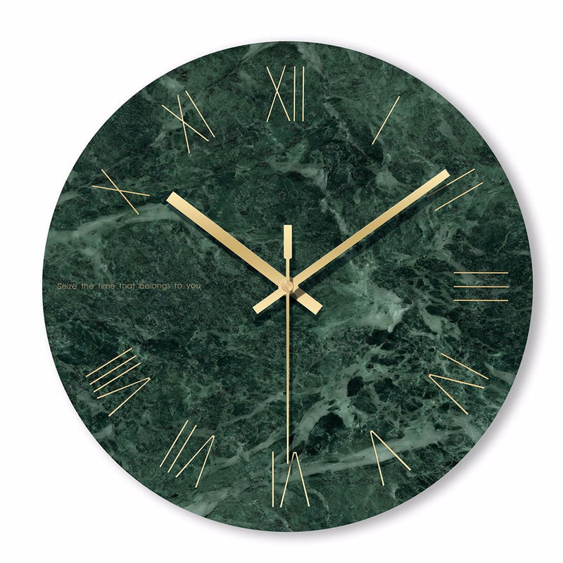 Round glass design wall clock in green marble style with gold details 30cm