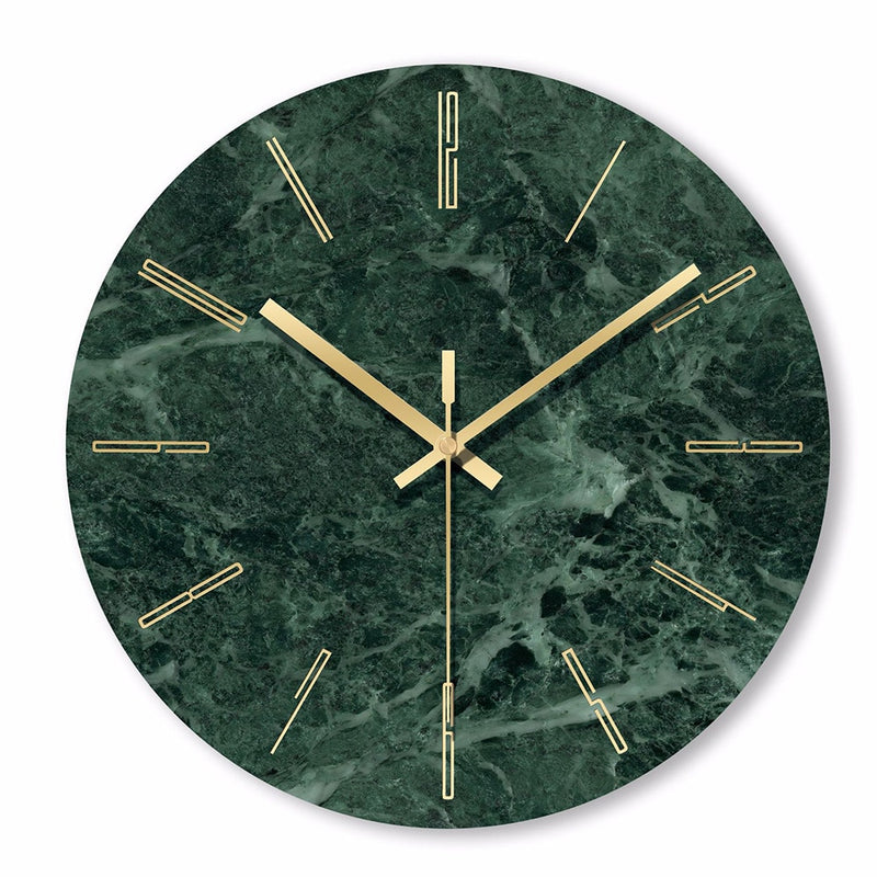 Horloge murale ronde design en verre style marbre vert et détails dorés 30cm