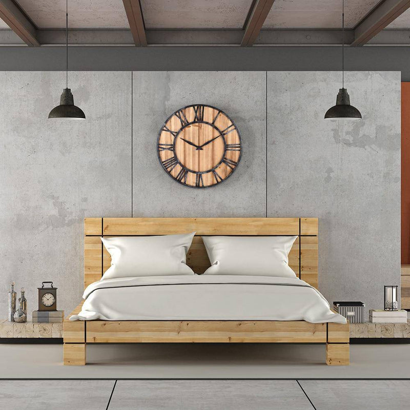 Horloge murale ronde en bois et métal avec chiffres romain style industriel 40cm