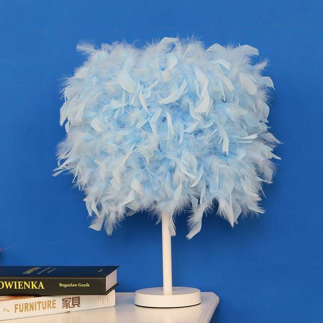 LED table lamp with coloured feathers