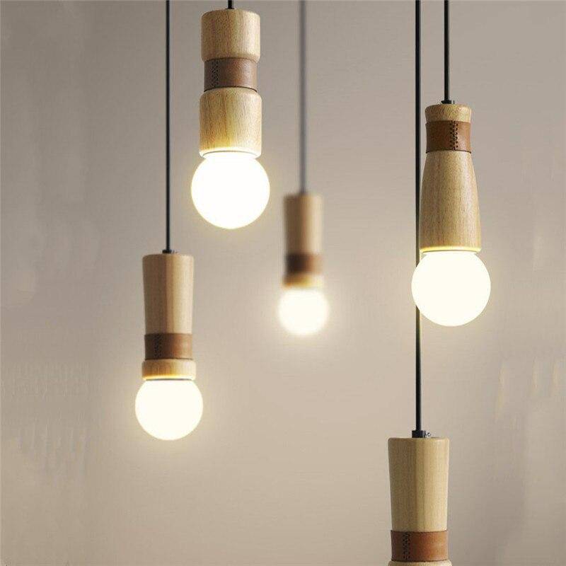 pendant light LED cylindrical wooden forms with leatherette strap