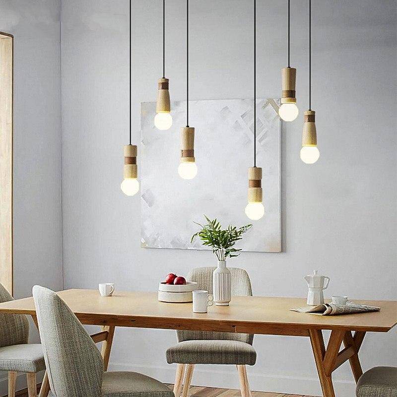 pendant light LED cylindrical wooden forms with leatherette strap