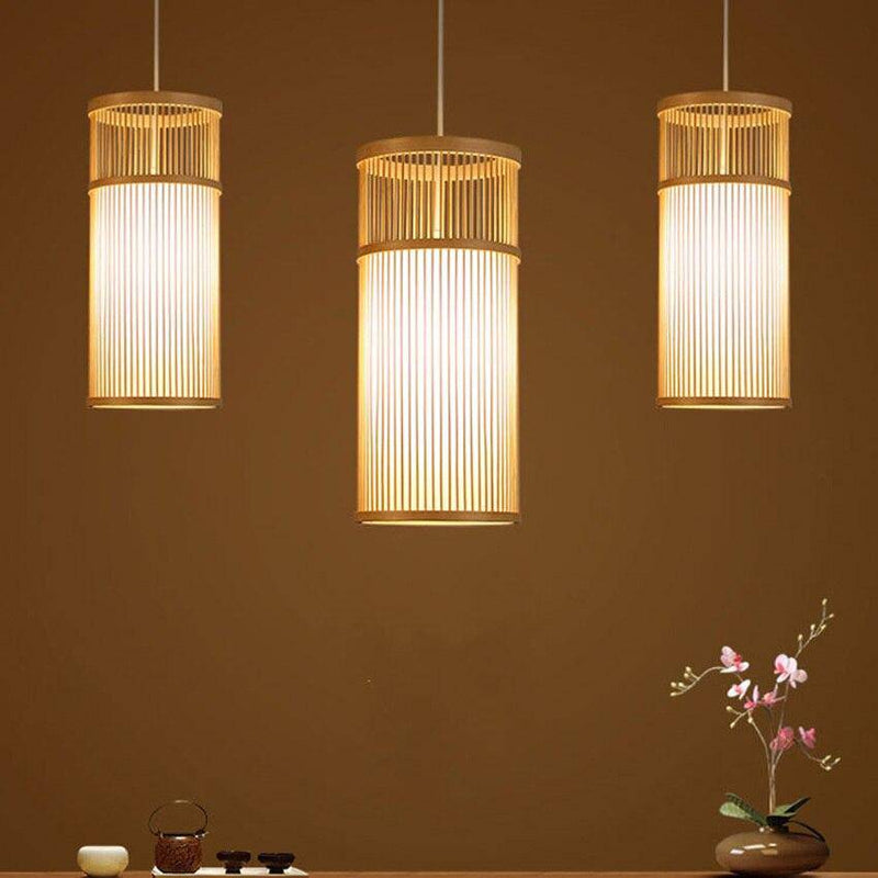 Lámpara de suspensión Jaula cilíndrica de bambú para LEDs hecha a mano