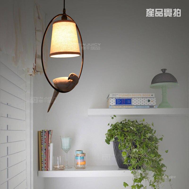 pendant light with lampshade and LED perched bird
