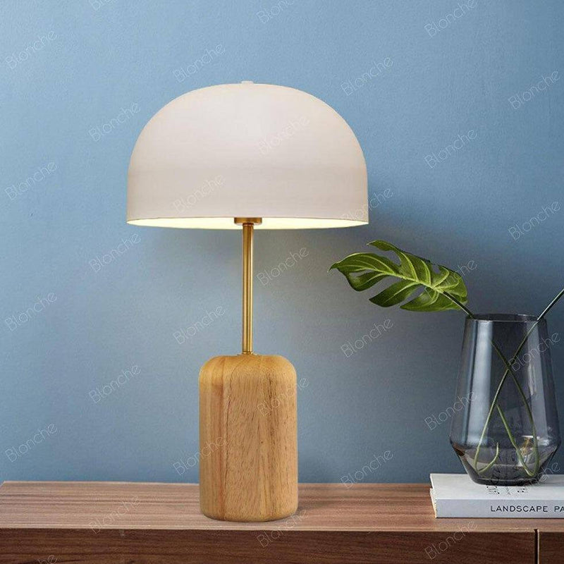 Lámpara de mesa LED de madera con pantalla redonda blanca