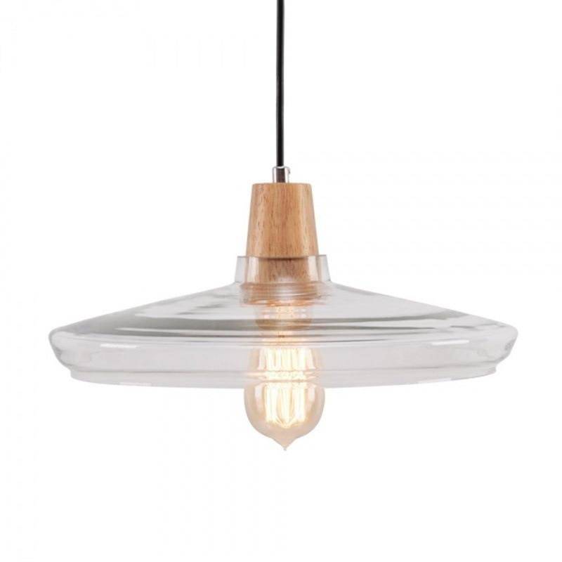 pendant light LED conical glass and wooden support Vintage