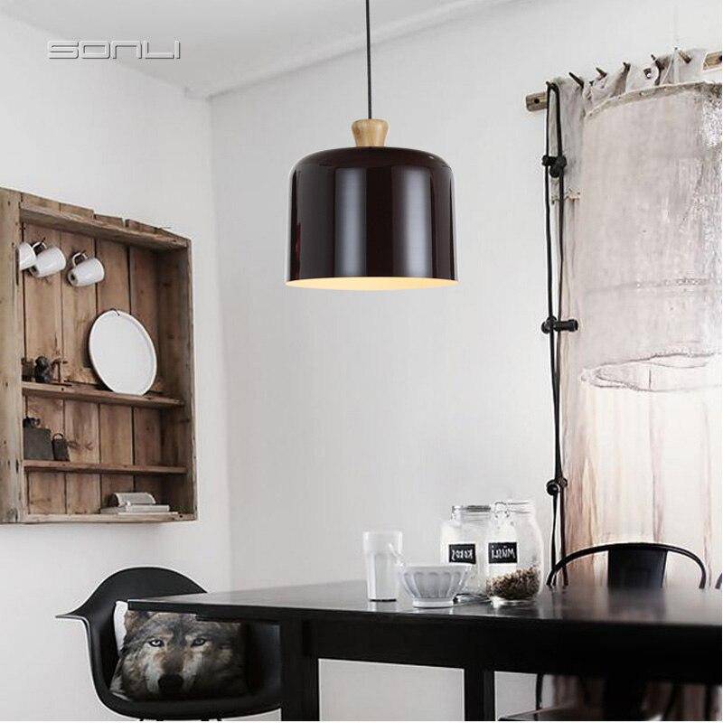 pendant light of several shapes in aluminum and wood