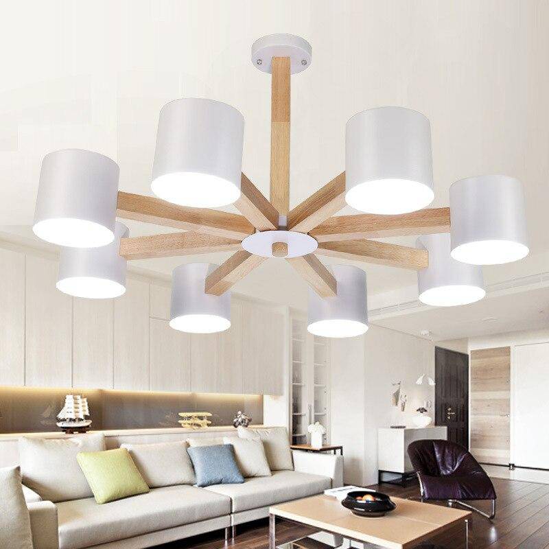 Wooden ceiling light with several coloured cylindrical Spotlights