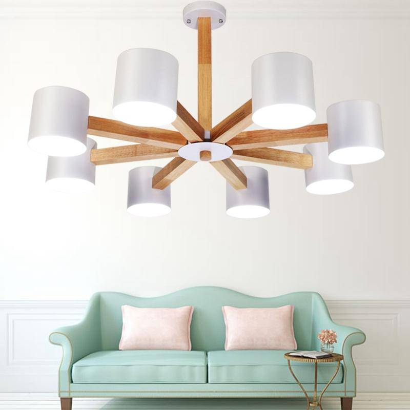 Wooden ceiling light with several coloured cylindrical Spotlights