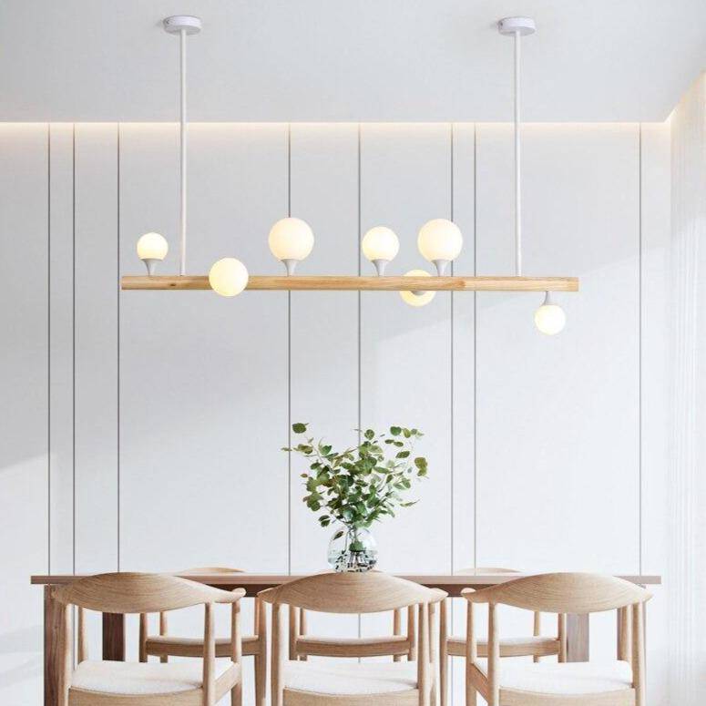 Scandinavian LED chandelier with wood and glass balls