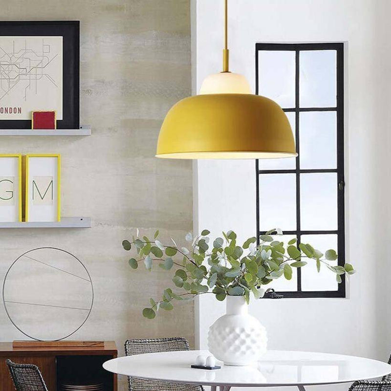 pendant light colored lampshade in industrial metal