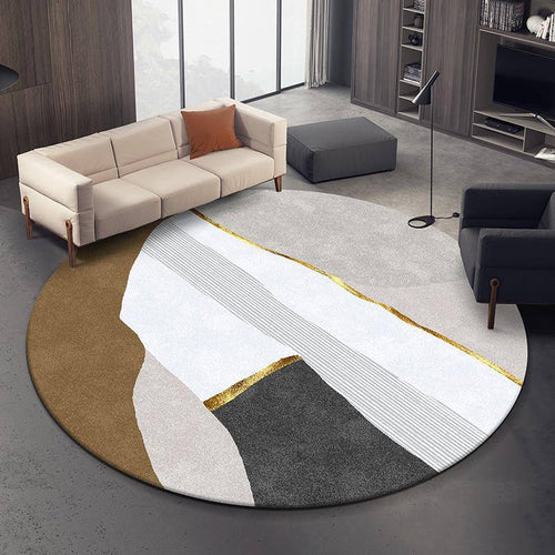 Modern round white carpet in gold abstract style