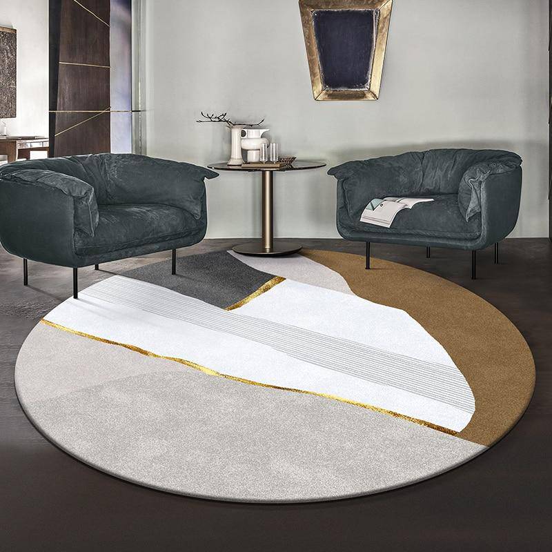 Modern round white carpet in gold abstract style