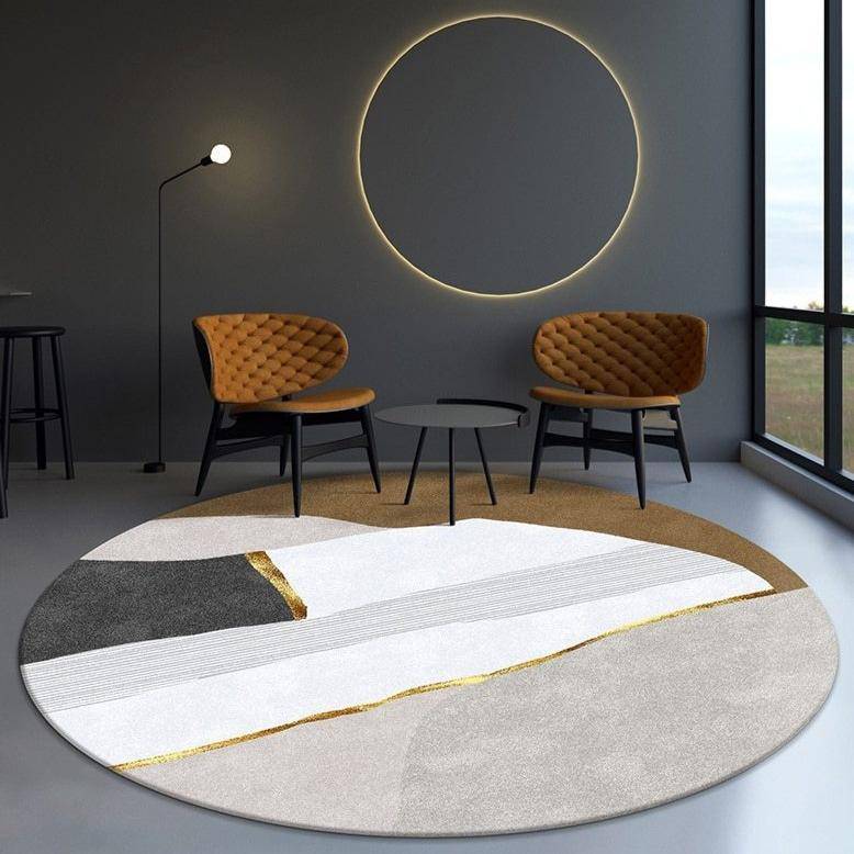 Modern round white carpet in gold abstract style