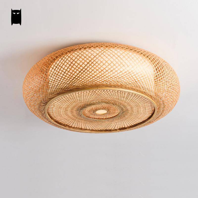 Lámpara de techo redonda de bambú tejido, estilo japonés