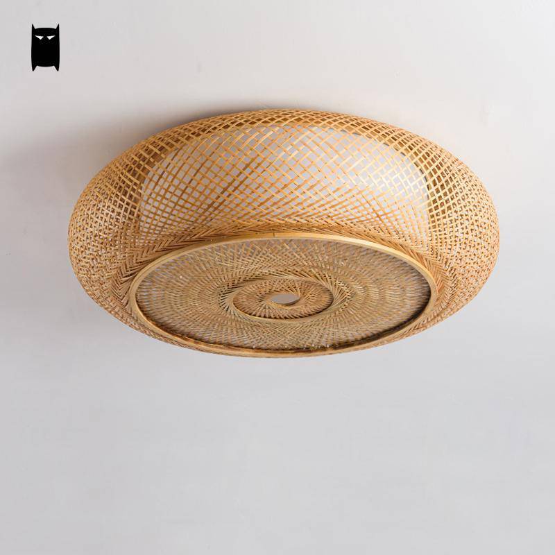 Lámpara de techo redonda de bambú tejido, estilo japonés