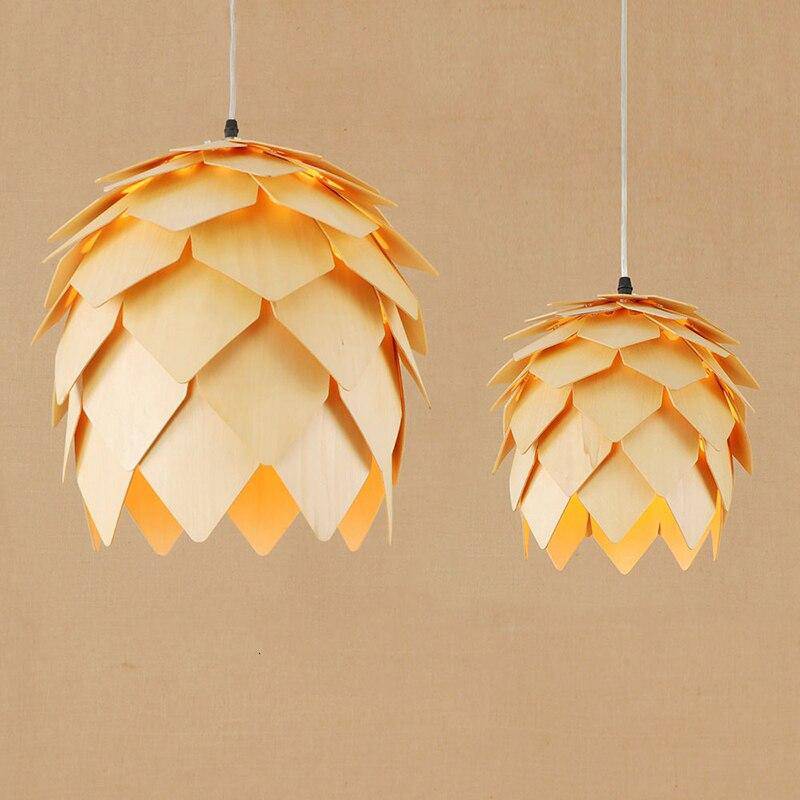 pendant light LED design in the shape of a flower with wooden petals