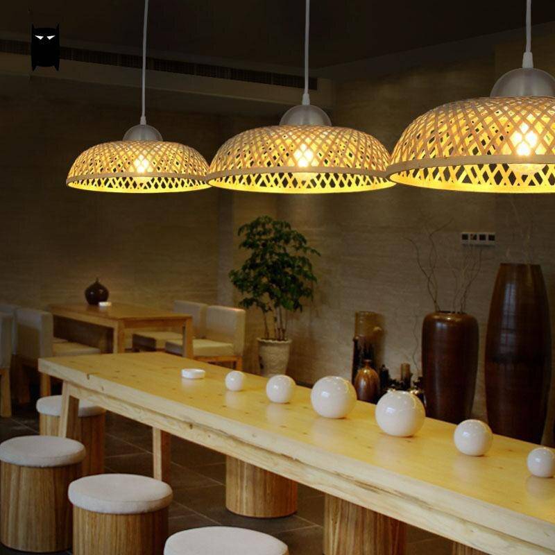 pendant light rustic LED with lampshade rounded Asian style rattan
