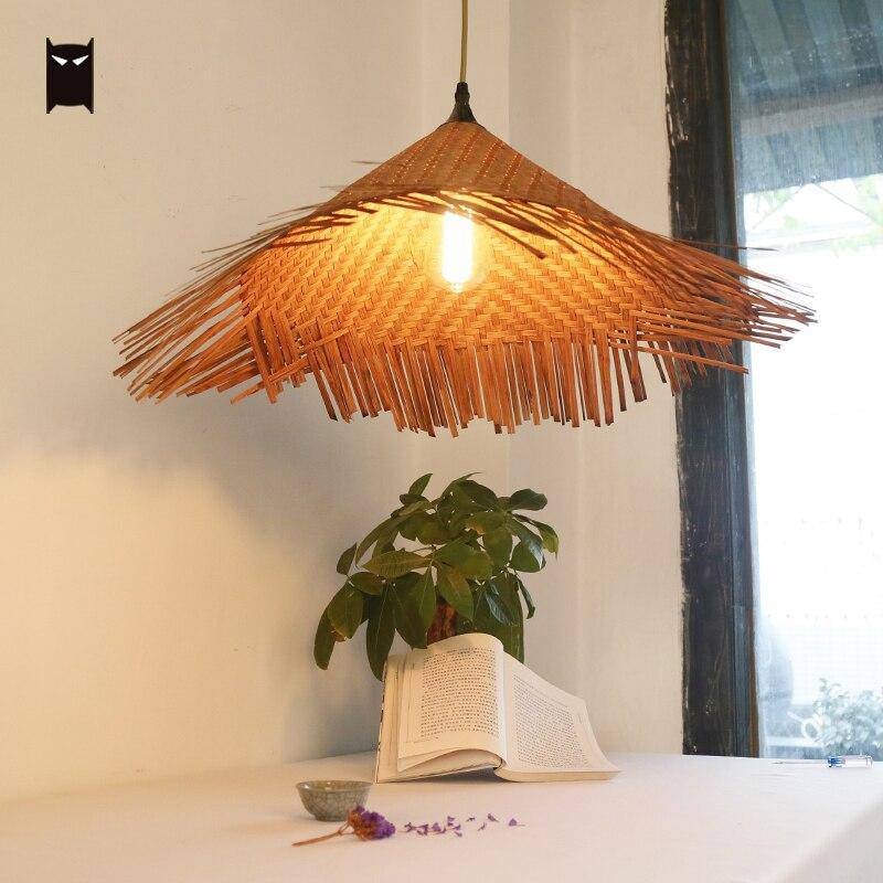 pendant light rustic LED with lampshade rattan triangular Asian style