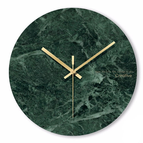 Round glass design wall clock in green marble style with gold details 30cm