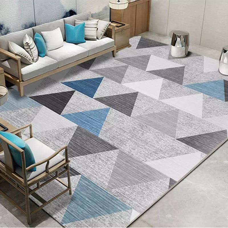 Geometric rectangle design carpet with grey and blue triangles Area